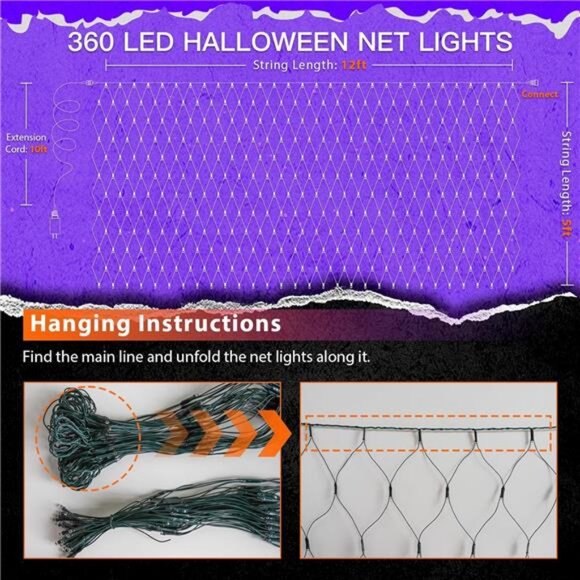 360 LED Halloween Net Lights, 12ft x 5ft String Lights with Remote - Picture 6 of 7